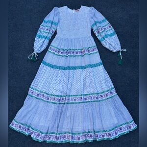 Oliphant Balloon Sleeve Smocked Tassels Tiered Boho White Printed Maxi Dress